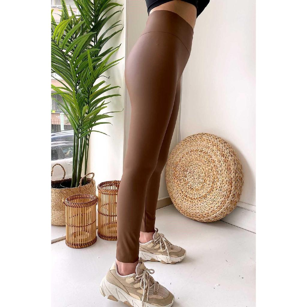 High Waist Women's Leather Leggings With Lifting Effect - Brown