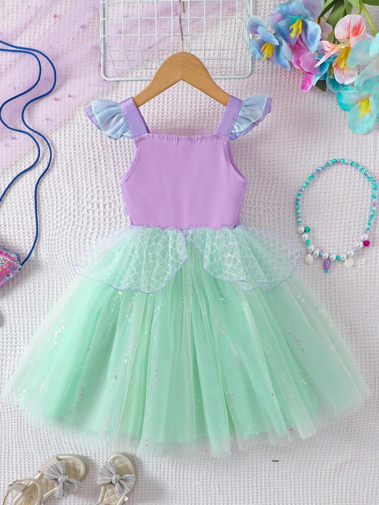 Mädchen Pailletten-Mesh Spaghetti-Träger Kleid - Sommer Meerjungfrau Prinzessin Kostüm