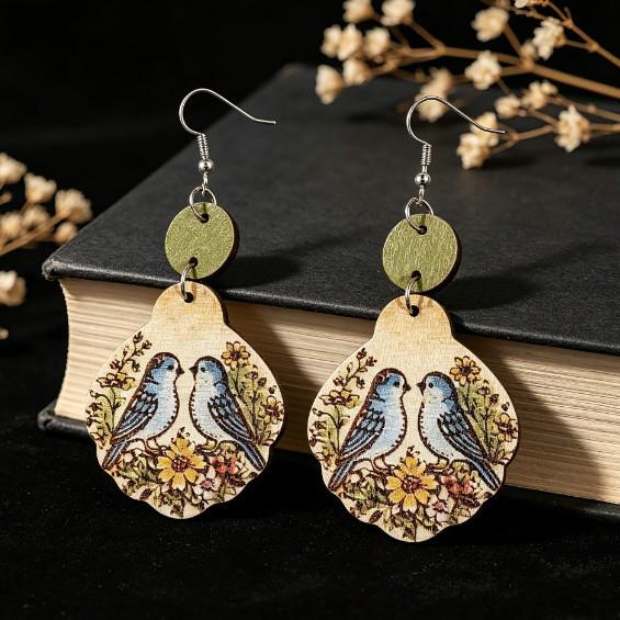 Retro Geometric Bird & Flower Wooden Earrings