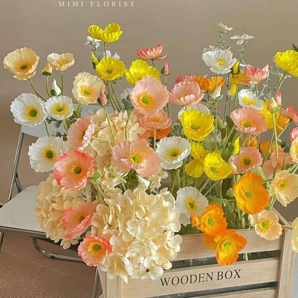 4 Head Artificial Poppy Flowers Bouquet Silk Poppy for Home Bridesmaid Decor Garden Party Wedding DIY Photography Flowers Decor