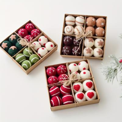 1 Boîte/16 pièces, Décorations de Boîte de Noël, Boules Suspendues Décoration Boules de Laine de Noël, Petits Pendentifs Décoration d'Arbre de Noël, Décorations de Fête