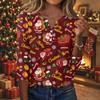 Women's Casual Christmas Print V-Neck Button-Front Three-Quarter Sleeve T-Shirt Top