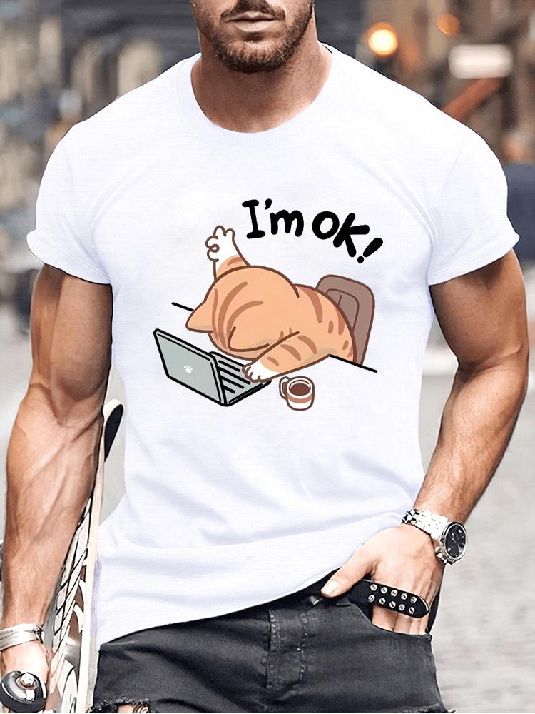 Cute "I'm OK" Cat Graphic T-Shirt for Men Women Casual Round Neck Short Sleeve Tee Fashion Stylish Lazy Cat Design T-shirts Tops