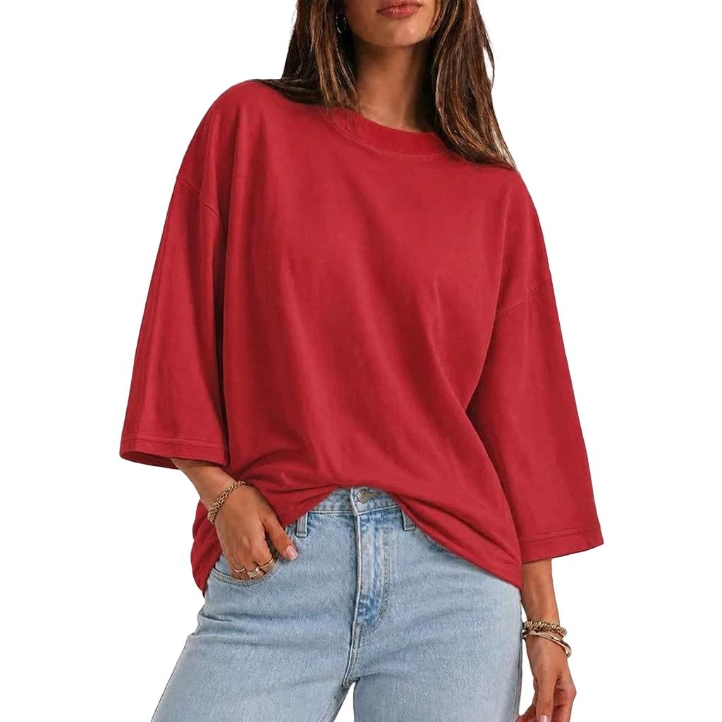 Damen Oversized Lässiges T-Shirt 3/4 Ärmel Lockerer Schnitt Hals Sommer Top