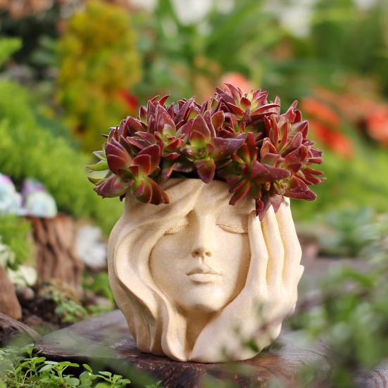 Artistic Women Head Planter Imitation Stone Texture Resin Plant Pot Elegant Female Face Planter for Succulents Indoor Balcony Bedroom Decor