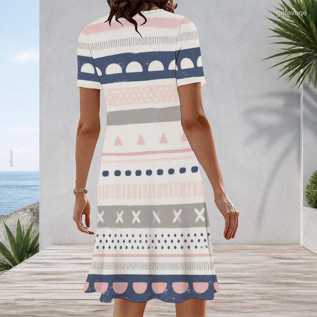 Women Plus Size Round Neck Short Sleeve Printed A Line Midi Dress