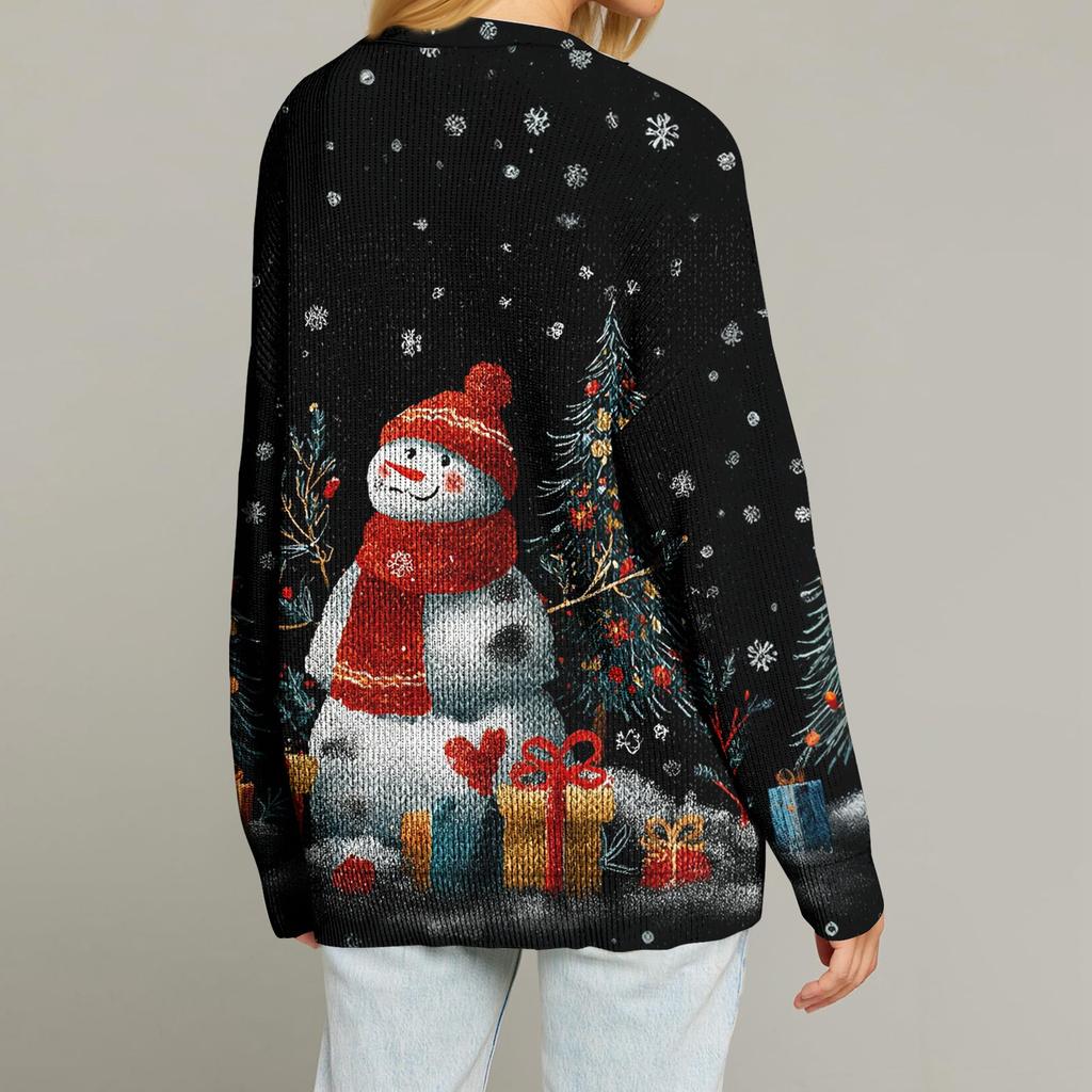 Women's Fashion Long Sleeve Christmas Print V-Neck Button Loose Cardigan Top