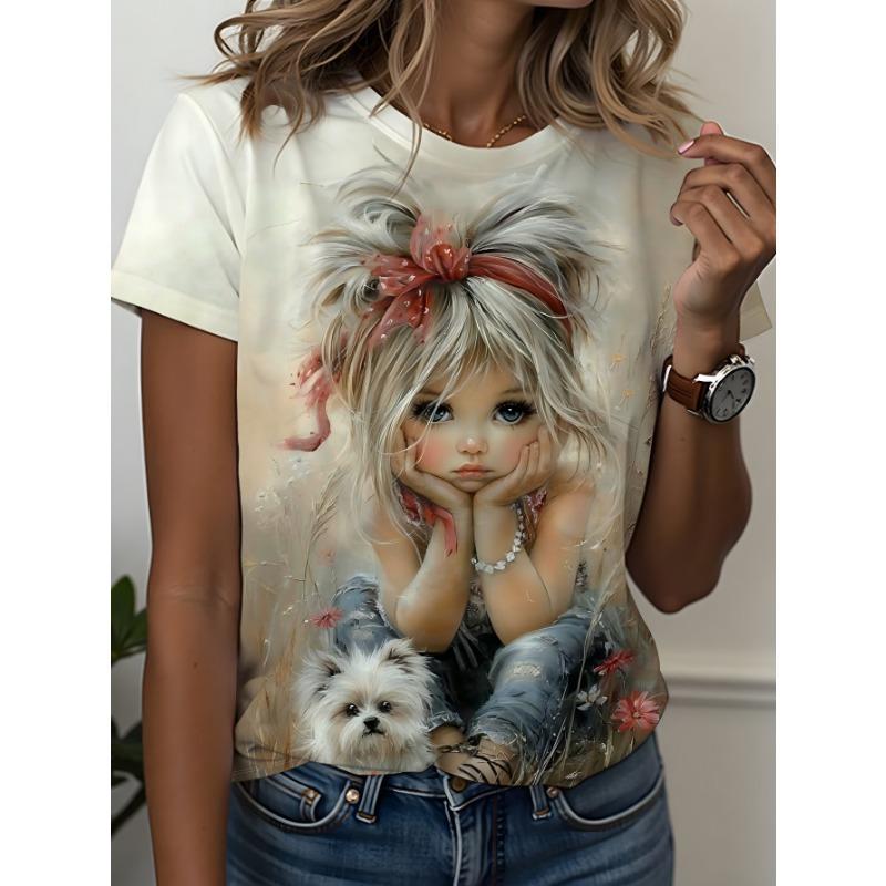 Plus-size Women s Round-neck Short-sleeve T-shirt Top with a Print Featuring a Cute Little S