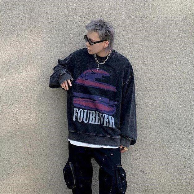 Vintage Distressed Sweatshirts Fleece Women Hip Hop Streetwear O-Neck Loose Long Sleeve Print Graphic Hoodie Autumn Winter