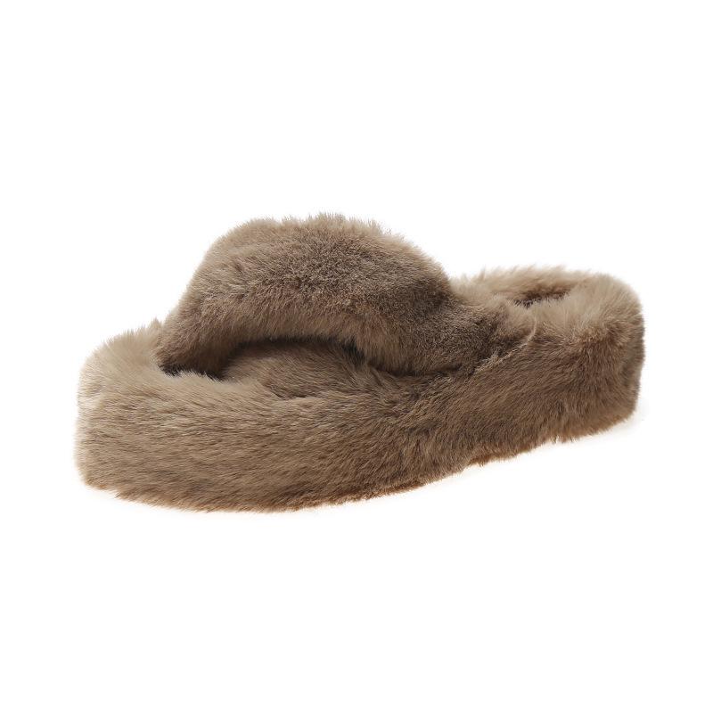 2025 Women's Open Toe Cross-Strap Fur Slippers: Autumn/Winter Fashion, Thick Sole, Height Boosting