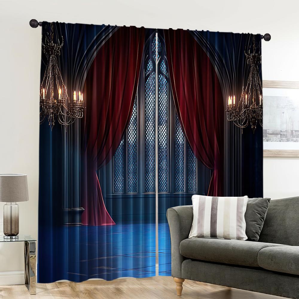 2pcs, 2D flat Drapes Gothic castle print Light Filter Holiday Decorations Use for Various room decor aesthetic