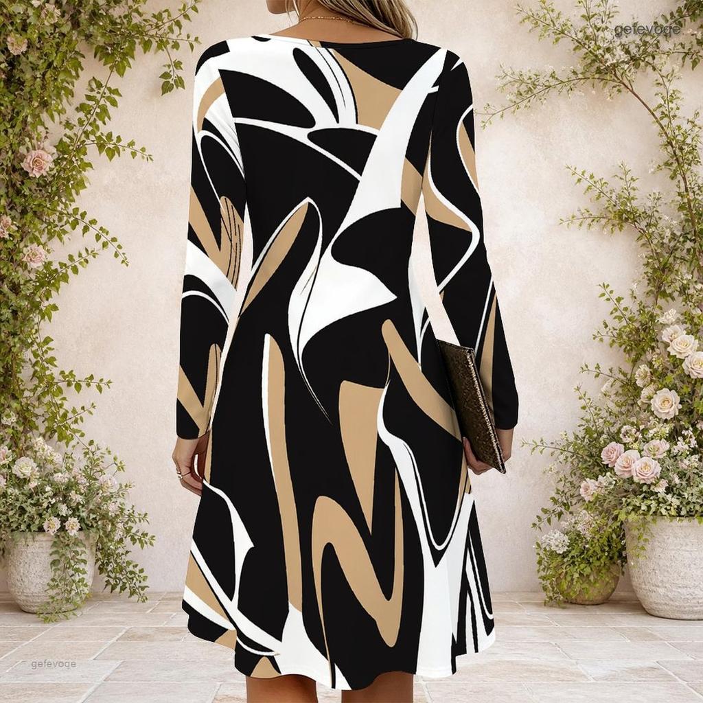 Women Criss Cross V Neck Long Sleeve Printed Fitted Curved Hem Dress