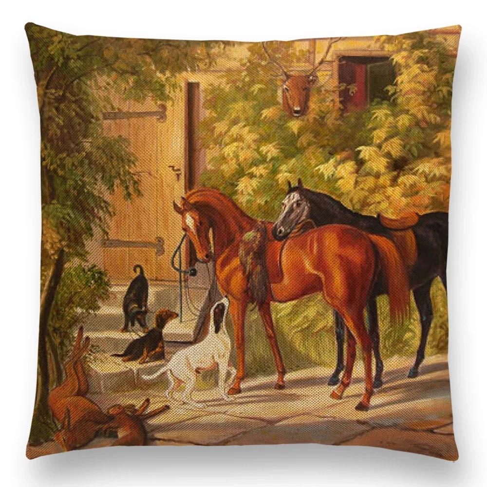 Horse Oil Painting Pillow Case Home Decor Vintage Cushion Cover for Sofa Car Linen Pillow Cover Home Decorative Drop Shipping