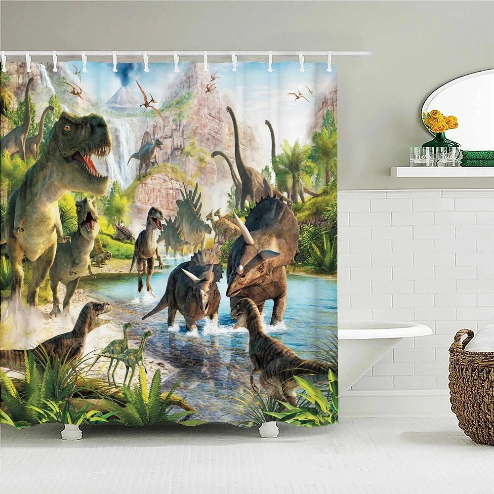 Funny Dinosaur Shower Curtain for Kids Boys,Cartoon Cool Dino Aesthetics Shower Curtain for Bathroom Polyester Fabric with Hooks
