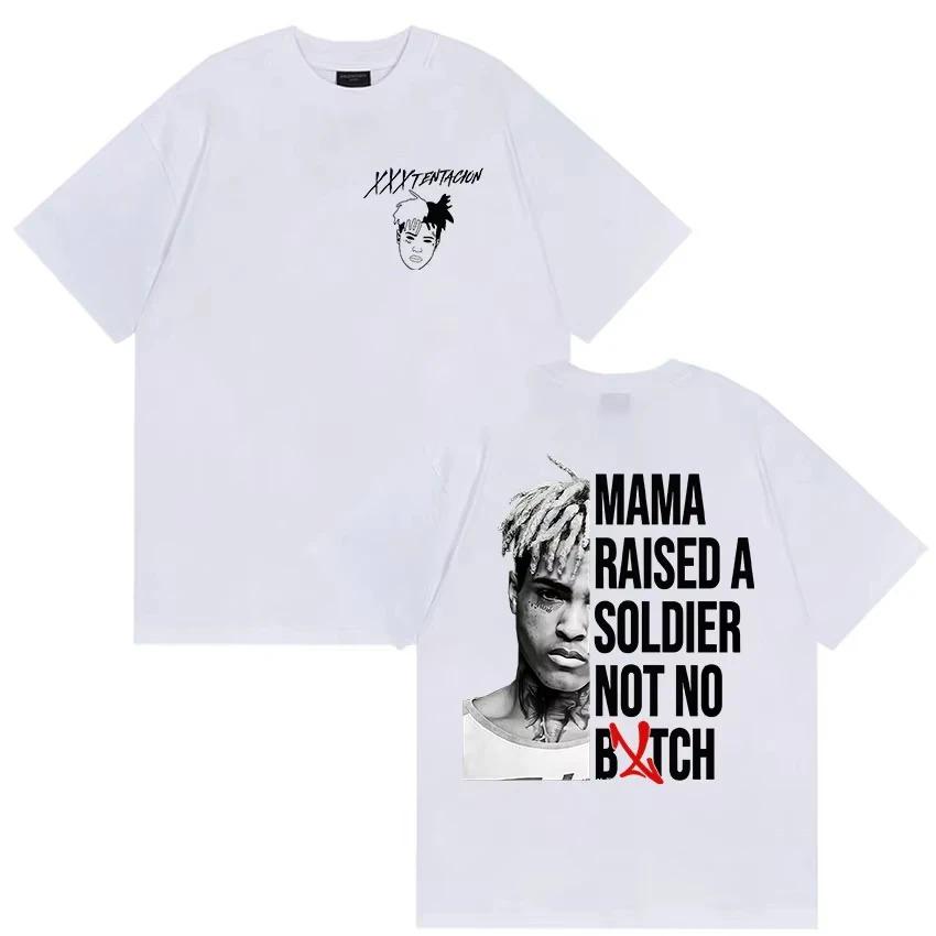 XXXTentacion Portrait "Mama Raised A Soldier" Quote Graphic Double Sided Oversized Streetwear Hip Hop Rap Fan Merch T-Shirt Top for Rap Enthusiasts