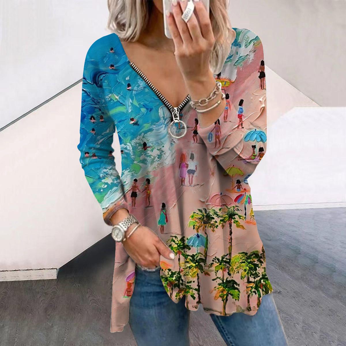 

Женская осенняя картина маслом пляж принтованный длинный рукав футболки свободный V-образный вырез плюс размер футболка топы удобная блузка 8XL оранжевый