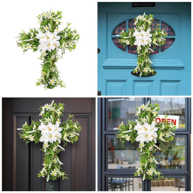 Easter Wreath Cross Door Sign Christian Floral Easter Decor for Front Door Porch