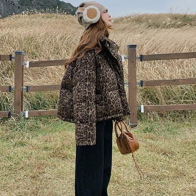 Retro Leopard Print Short Down Cotton Clothes for Women's Winter New High-end Niche Kendou Stand-up Collar Bread Clothes Cotton Clothes Jacket