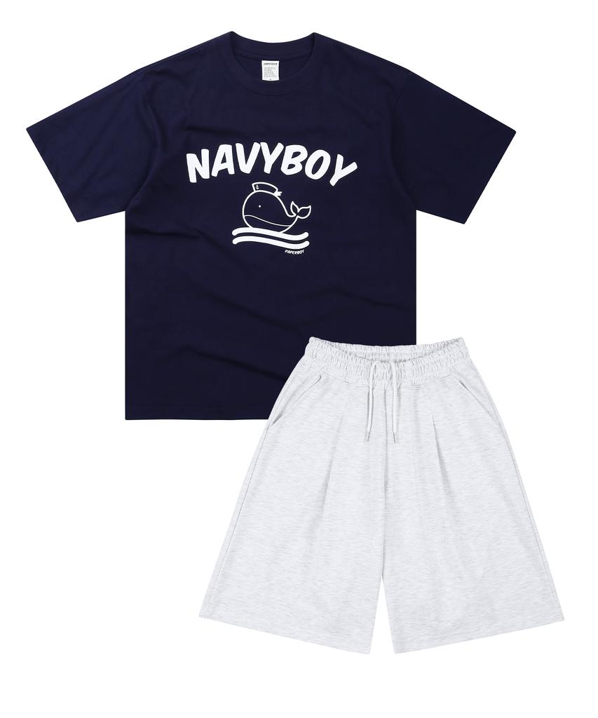PAPERBOY [Set] Navy Boy Short Sleeve Half Pants Set-White Melange