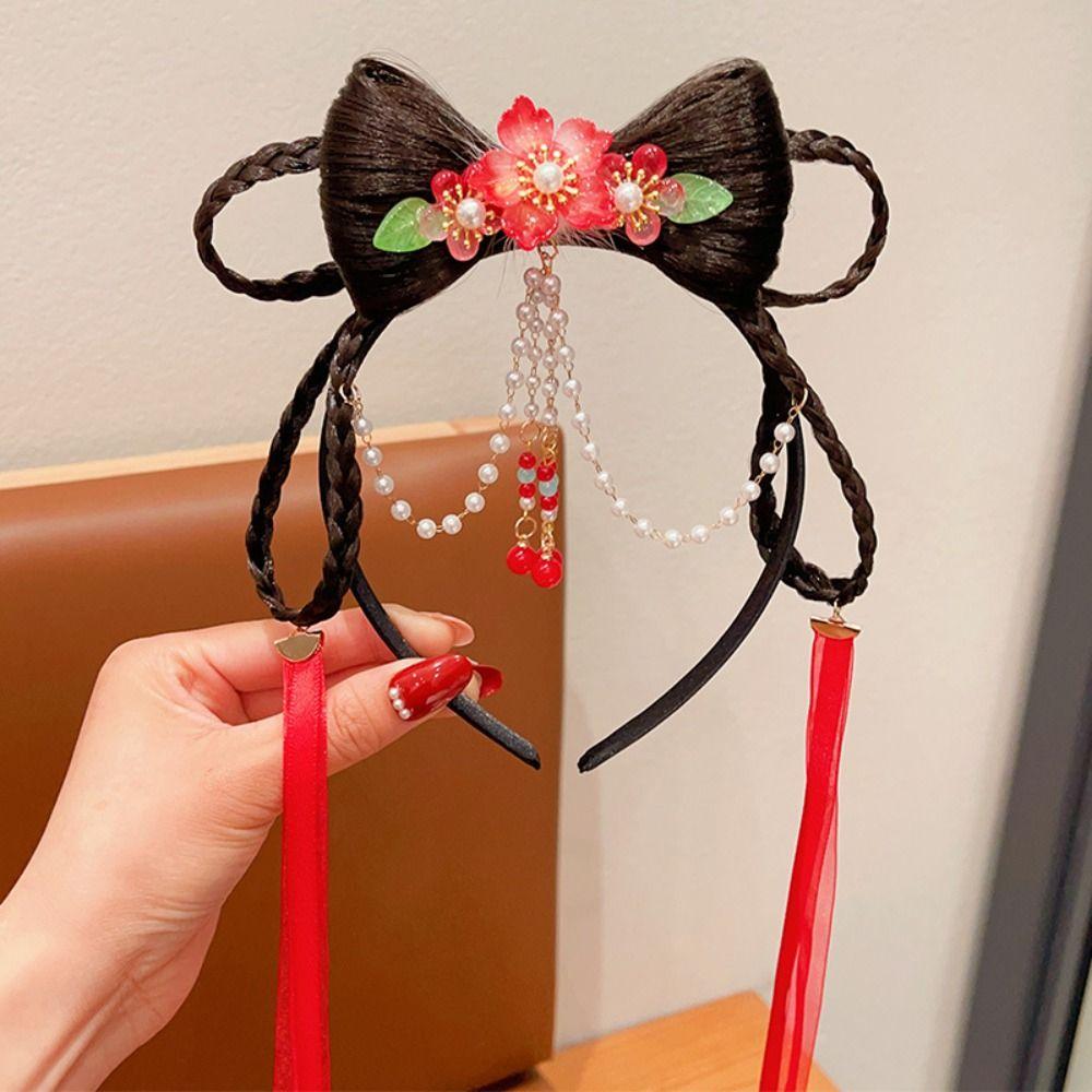 Tassel Chinese New Year Headwear Braid Hair Hanfu Hair Sticks Sweet Red Bow Hairband  Baby
