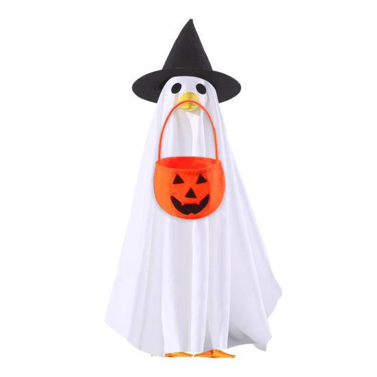 Ghost Goose Outfit Halloween Porch Goose Clothes with Witch Hat And Pumpkin Bucket for 23" Goose Statue Outdoor Patio Yard Lawn Decoration