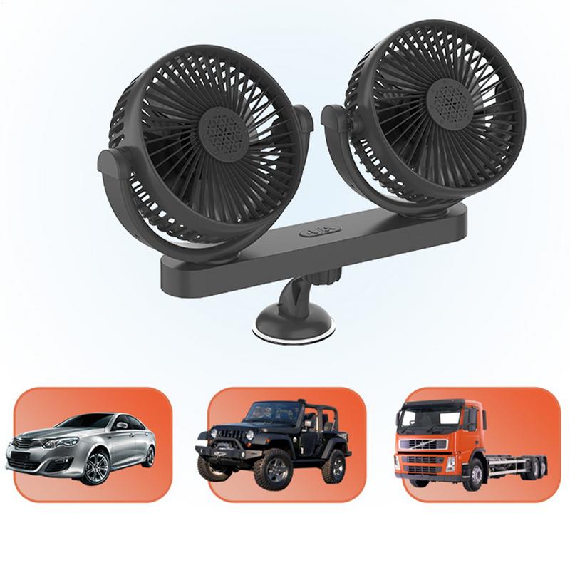 USB 12/24V Auto Ventilation Fan Doubl Head Car Suction Cup Fan 360 Degree Rotation Adjustable 3 Speeds Car Electrical Appliances