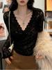 Elegantes schwarzes Spitzen-V-Ausschnitt-Oberteil für Damen - Schlankmachend Herbst/Winter Langarm
