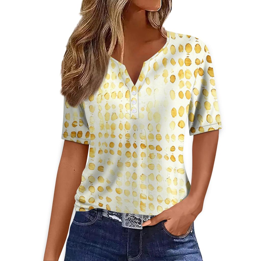 T-shirt décontracté pour femme à col en V, manches courtes, avec imprimé géométrique et boutons