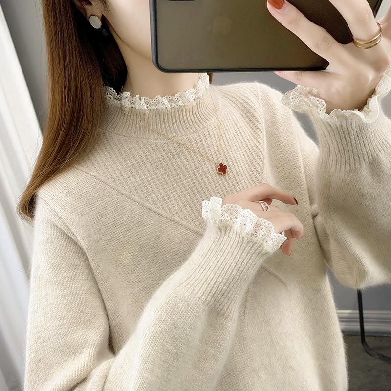 Women's Sweater Knitted Bottoming Shirt Spring Spring Autumn Versatile Semi-turtleneck New Lace Edge High Sense