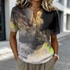 Damen Henley-Shirt mit kurzen Ärmeln Knopfleiste Leinen-Baumwollmischung Lässige bedruckte Bluse Leichtes Sommeroberteil