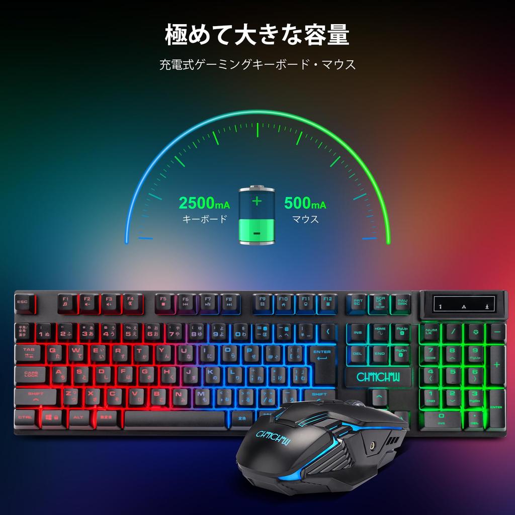 CHONCHOW Wireless Gaming Keyboard and Mouse Set, 108-Key Backlit Keyboard, 2.4GHz Wireless, 3000mAh Rechargeable Battery, Japanese Layout, 19-Key