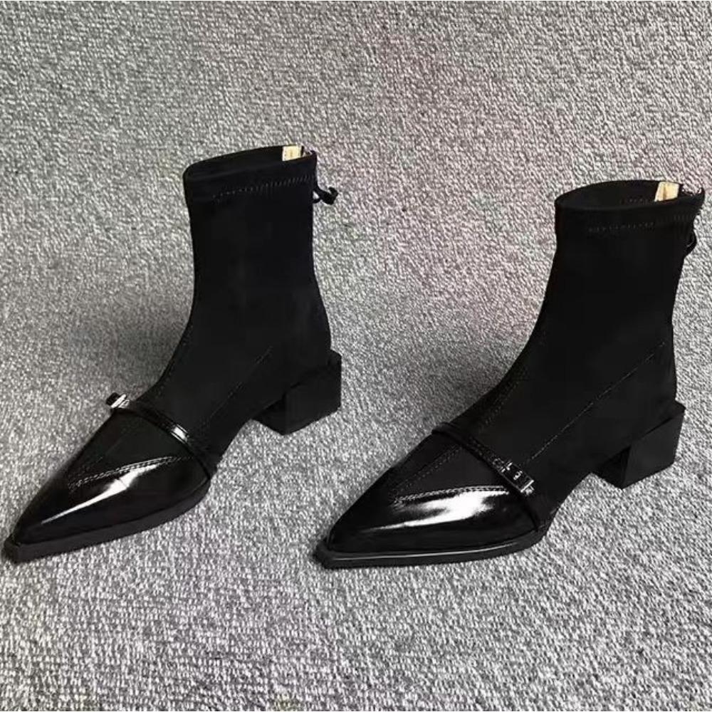 Short Boots Women's 2025 Winter Thick Heel Pointed Women's Leather Shoes Retro Cowhide Splicing Short Boot Thin Ankle Boots