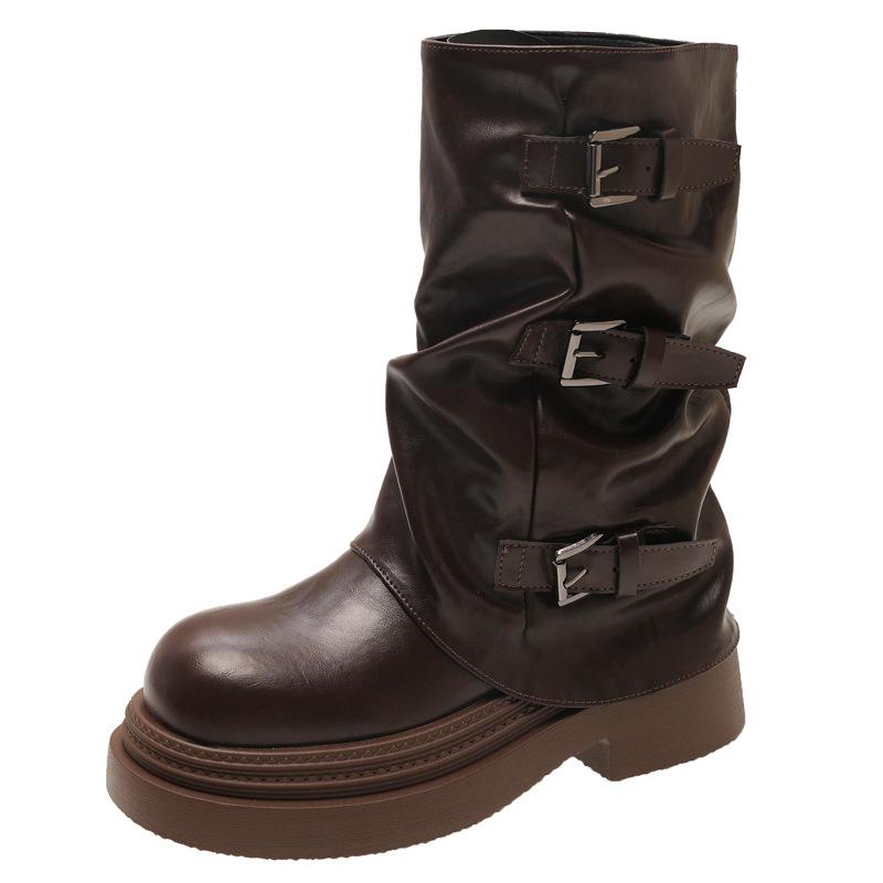 Thick-soled belt buckle pleated medium boots women's 2025 autumn and summer new western cowboy short boots Martin boots pant tube boots