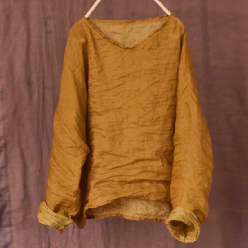 

Johnature женские футболки Ramie высокого качества, однотонные футболки с длинными рукавами и круглым вырезом, весенние женские футболки в китайском стиле One Size жёлтый