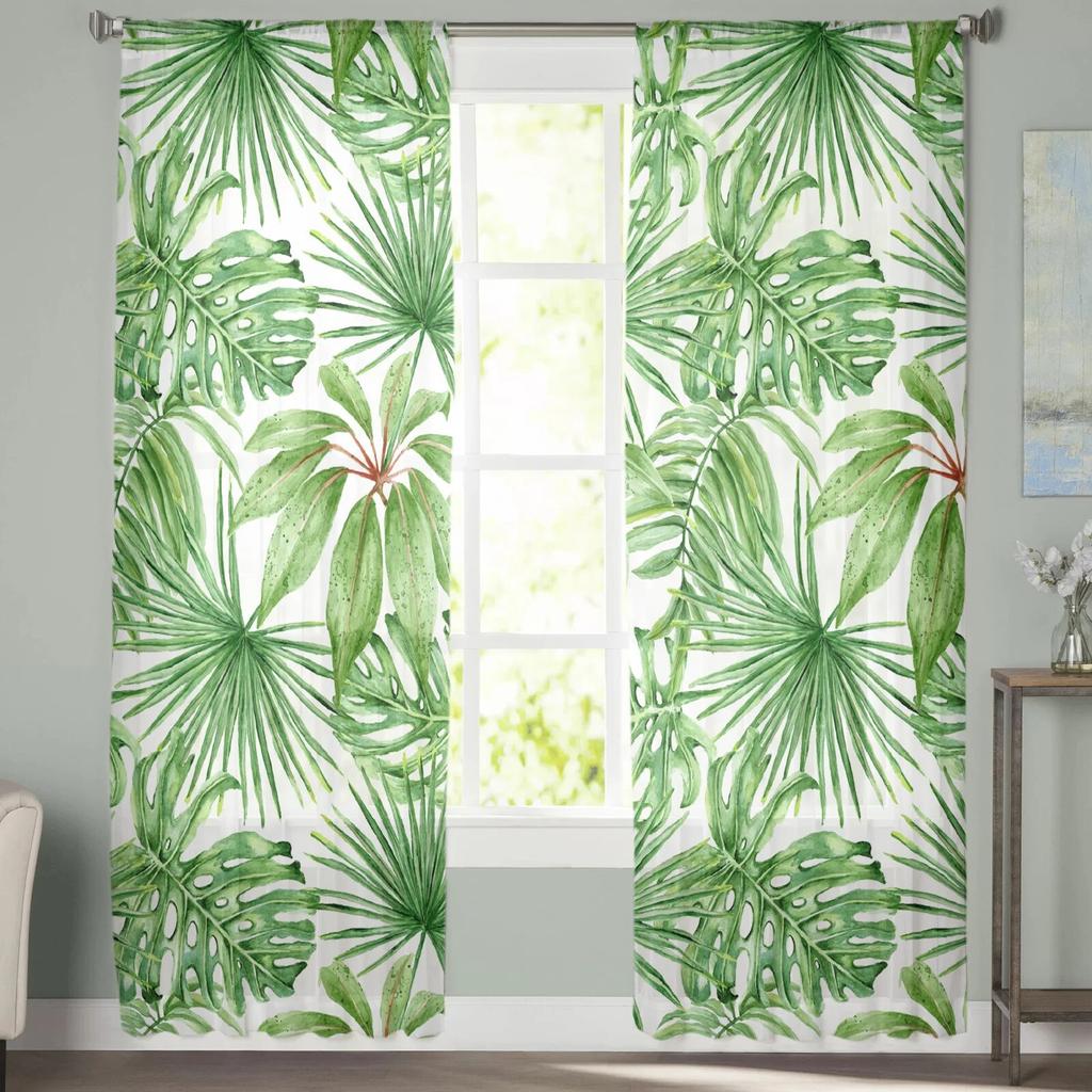 Green Flower Plant Leaves Window Treatment Tulle Modern Sheer Curtains for Kitchen Living Room the Bedroom Curtains Decoration