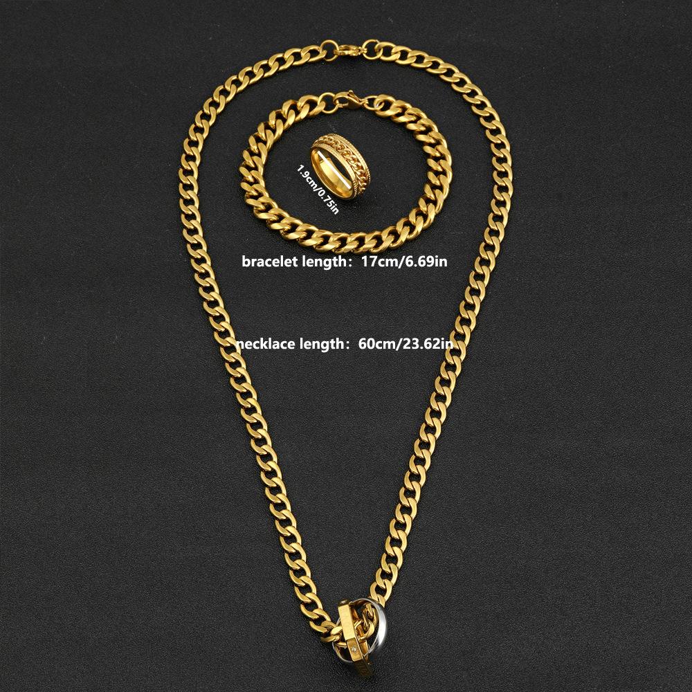Stainless Steel Jewelry Set, Hip Hop Street Cuban Necklace Bracelet, 18k Gold Plated Chain Ring