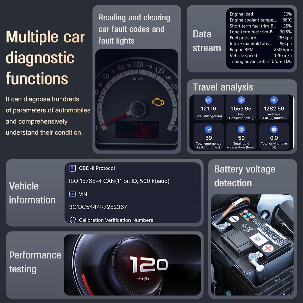 Car Diagnostic Tool Fault Code Clearing DA200 Bluetooth Compatible Car Battery Oxygen Sensor Detector Code Reader AI OBD 2 Scanner