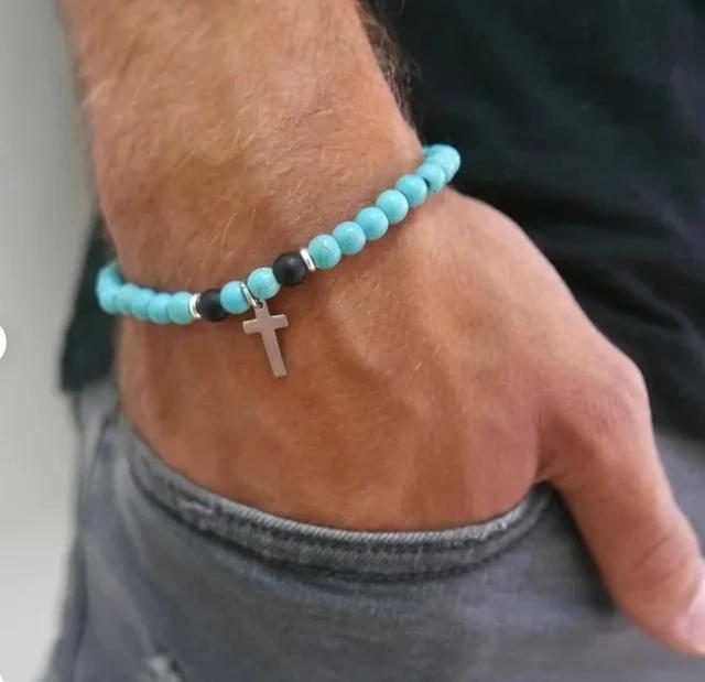 Men's Cross Pendant Bracelet for Men and Women Elastic Yoga Christian Bracelet Men's Beaded Bracelet