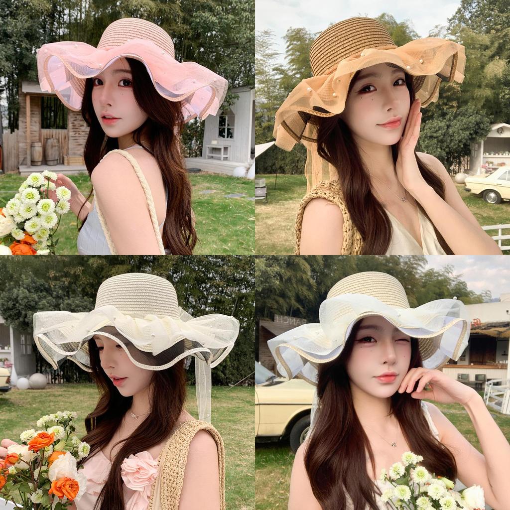 Straw Sun Hat With Wide Brim And Pearl Bow For Summer Beach Vacation