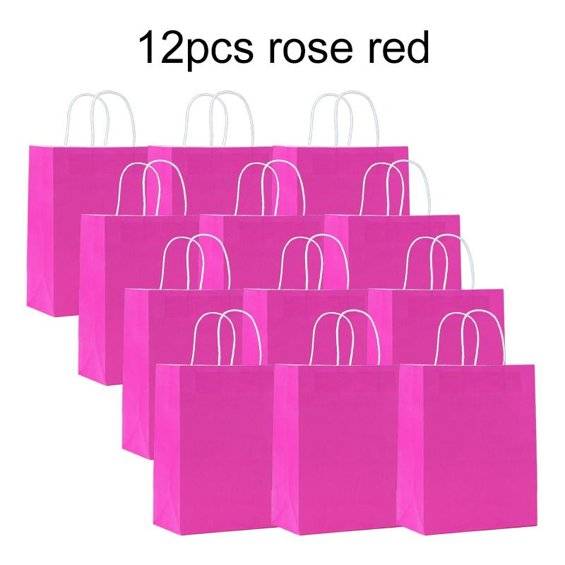 12pcs Kraft Paper Bag with Handle Solid Color Pink Rose Red Party Gift Bags Birthday Gifts Packaging Beverages Storage TMZ