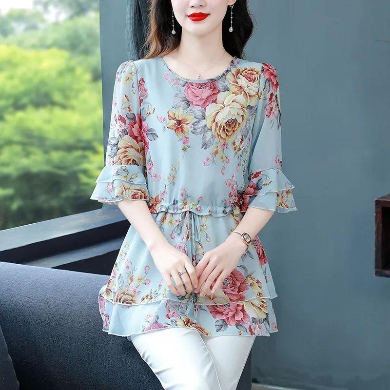 

Women s Summer Fashion Floral Print Chiffon Shirts Female Loose Short-sleeved Tops Ladies O-neck Casual Blouses 3XL