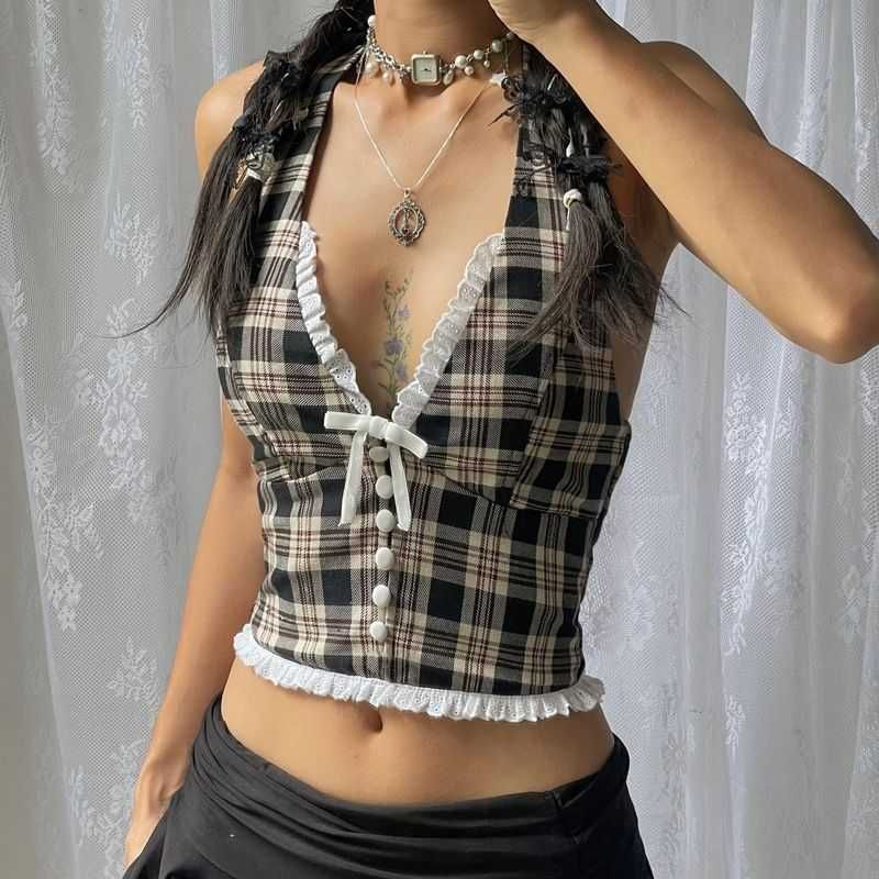 

Elsa European and American Women s Clothing Spring/Summer New Arrival Fashion Sexy French Style Sweet V-neck Retro Gingham Halterneck Vest Top Black(Black) L