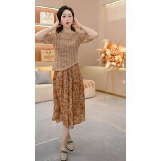 

Elegant Spring 2026 Two-Piece Printed Dress: Long Sleeve, Slimming, Waist-Cinched with Large Hem L