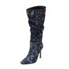 Fashion Women's Autumn and Winter New Pleated High-heeled Short Boots Pointed Zip Knee-length Boots Women's 34-50 Large Mid Length Boots