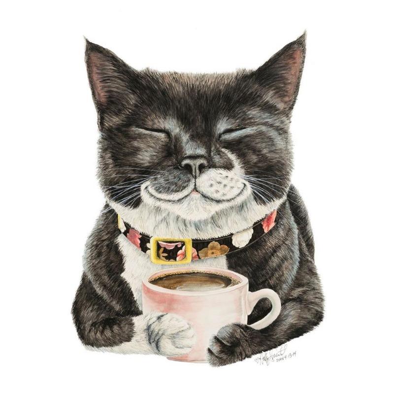Funny Animal, Tiger, Owl, Dog, Cat Drinking Coffee, Poster, Canvas, Painting, Lama, Latte, Coffee, Art Painting for Decoration Cafe