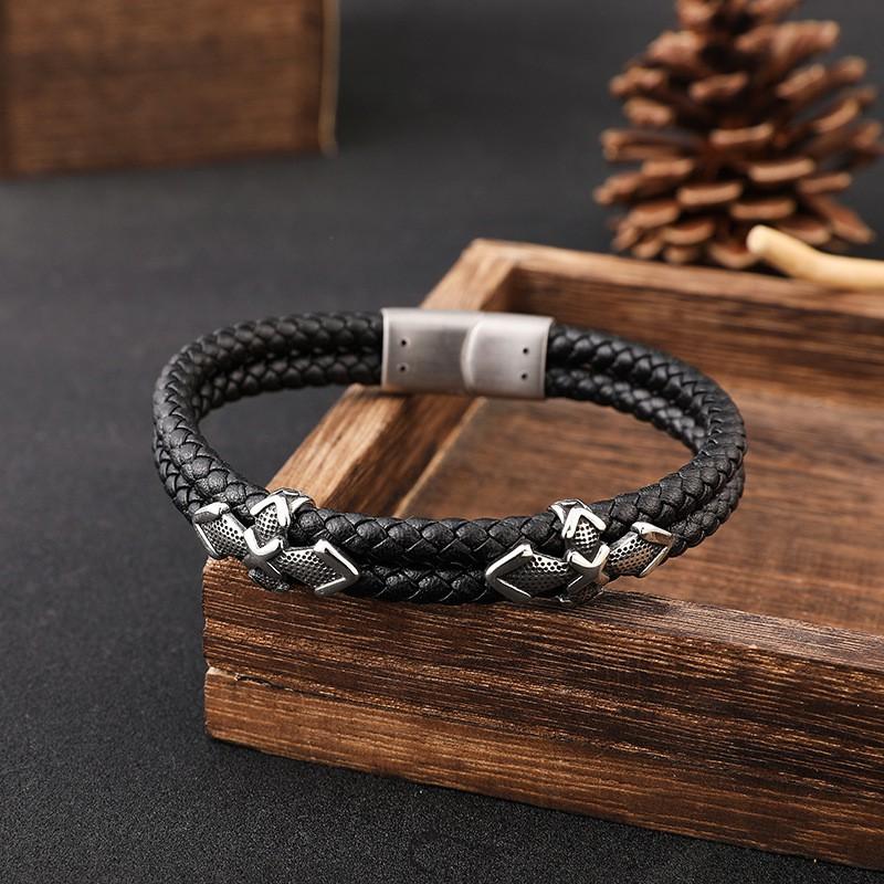 Stainless Steel Magnetic Clasp Braided Leather Bracelet Men Minimalist Multi-Layer Geometric Design