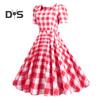 Damen Vintage-Kleid mit Karomuster, quadratischem Kragen, kurzärmelig, Midikleid mit hoher Taille und Schleifendekor, A-Linie, Swing-Kleid