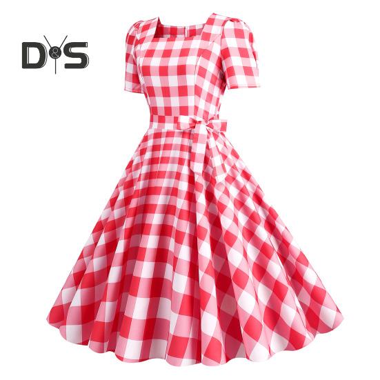 Damen Vintage-Kleid mit Karomuster, quadratischem Kragen, kurzärmelig, Midikleid mit hoher Taille und Schleifendekor, A-Linie, Swing-Kleid