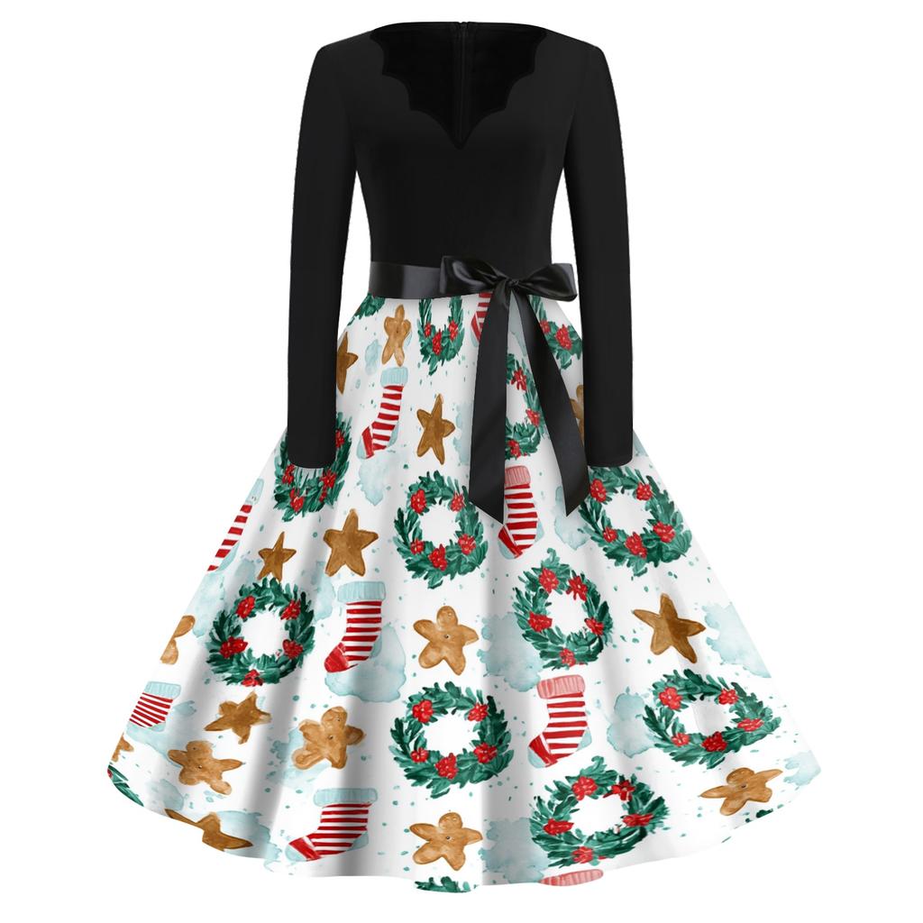 Women's Casual Vintage V-Neck Long Sleeve Dress with Christmas Print