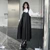 Yamamoto Women's Dark PU Leather Suspender Dress - Shiny, Loose-Fit, Spring/Autumn Fashion.